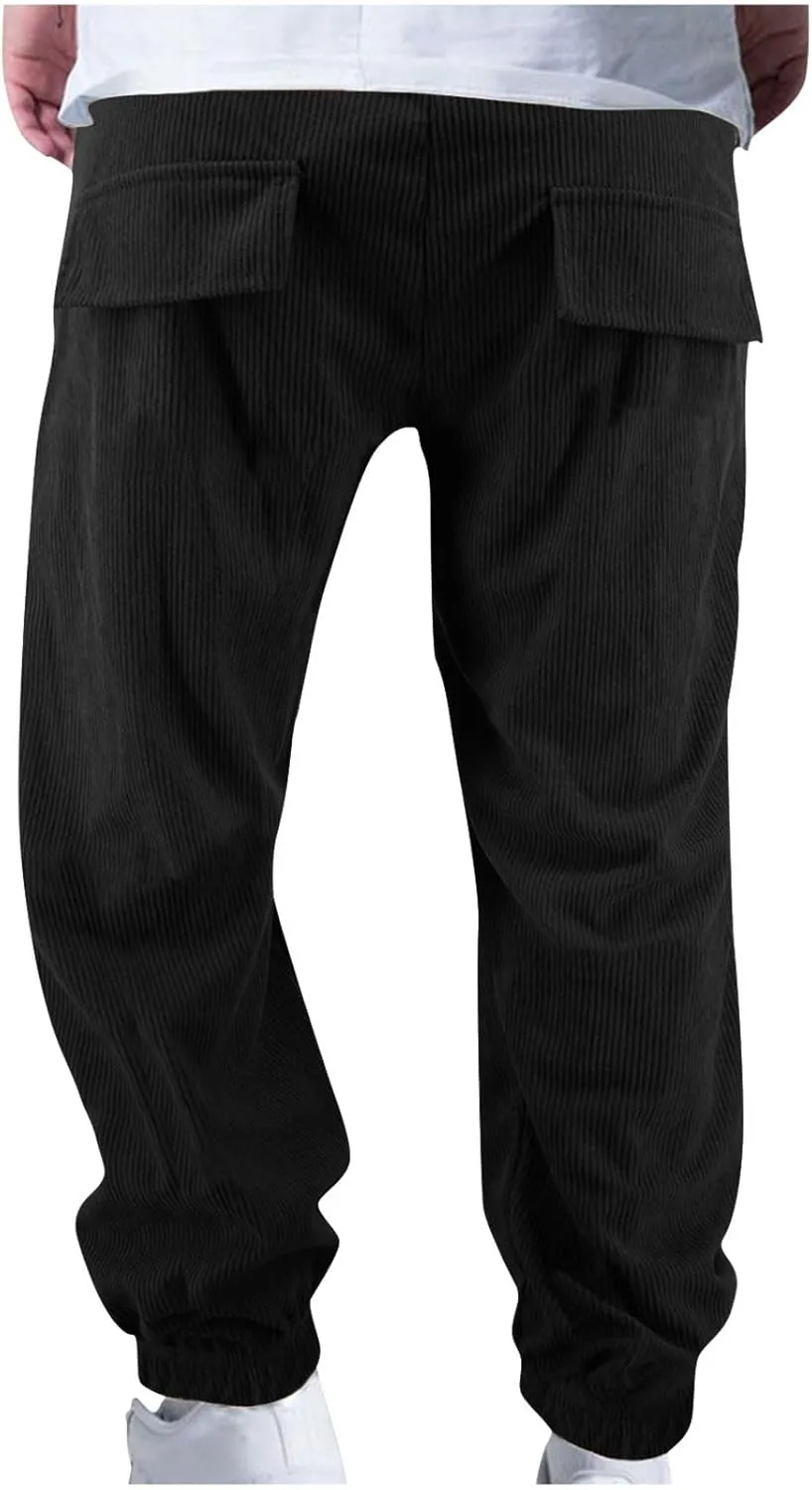Zeiyignr Mens Corduroy Joggers Pants Casual Cargo Pants Drawstring Elastic Waist Slim Fit Tapered Sweatpants with Pockets
