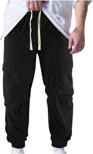 Zeiyignr Mens Corduroy Joggers Pants Casual Cargo Pants Drawstring Elastic Waist Slim Fit Tapered Sweatpants with Pockets