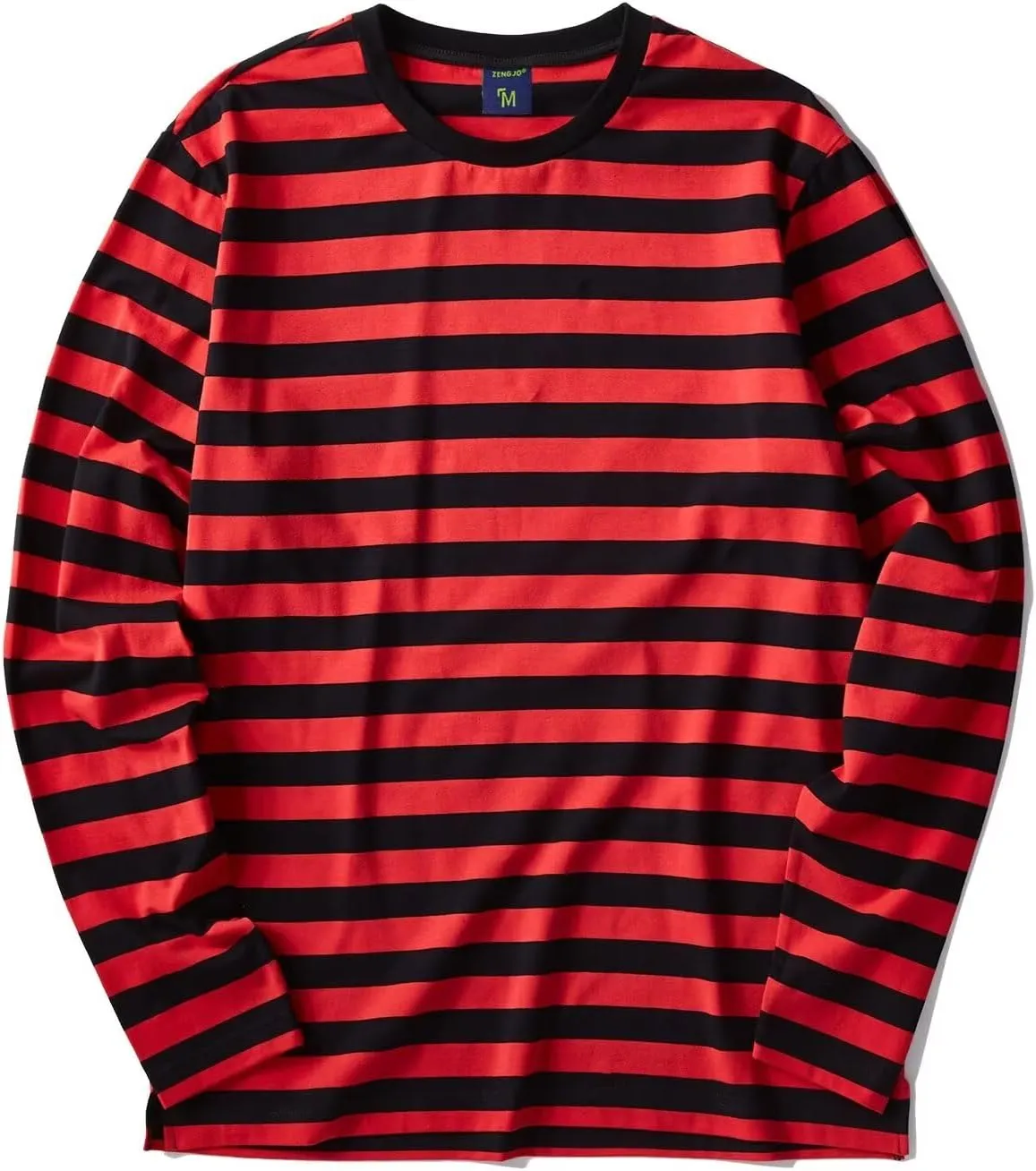 Zengjo Men's Casual Cotton Spandex Striped Crewneck Long-Sleeve T-Shirt Basic Pullover Stripe tee Shirt