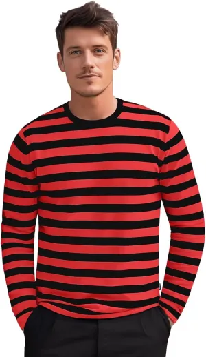 Zengjo Men's Casual Cotton Spandex Striped Crewneck Long-Sleeve T-Shirt Basic Pullover Stripe tee Shirt