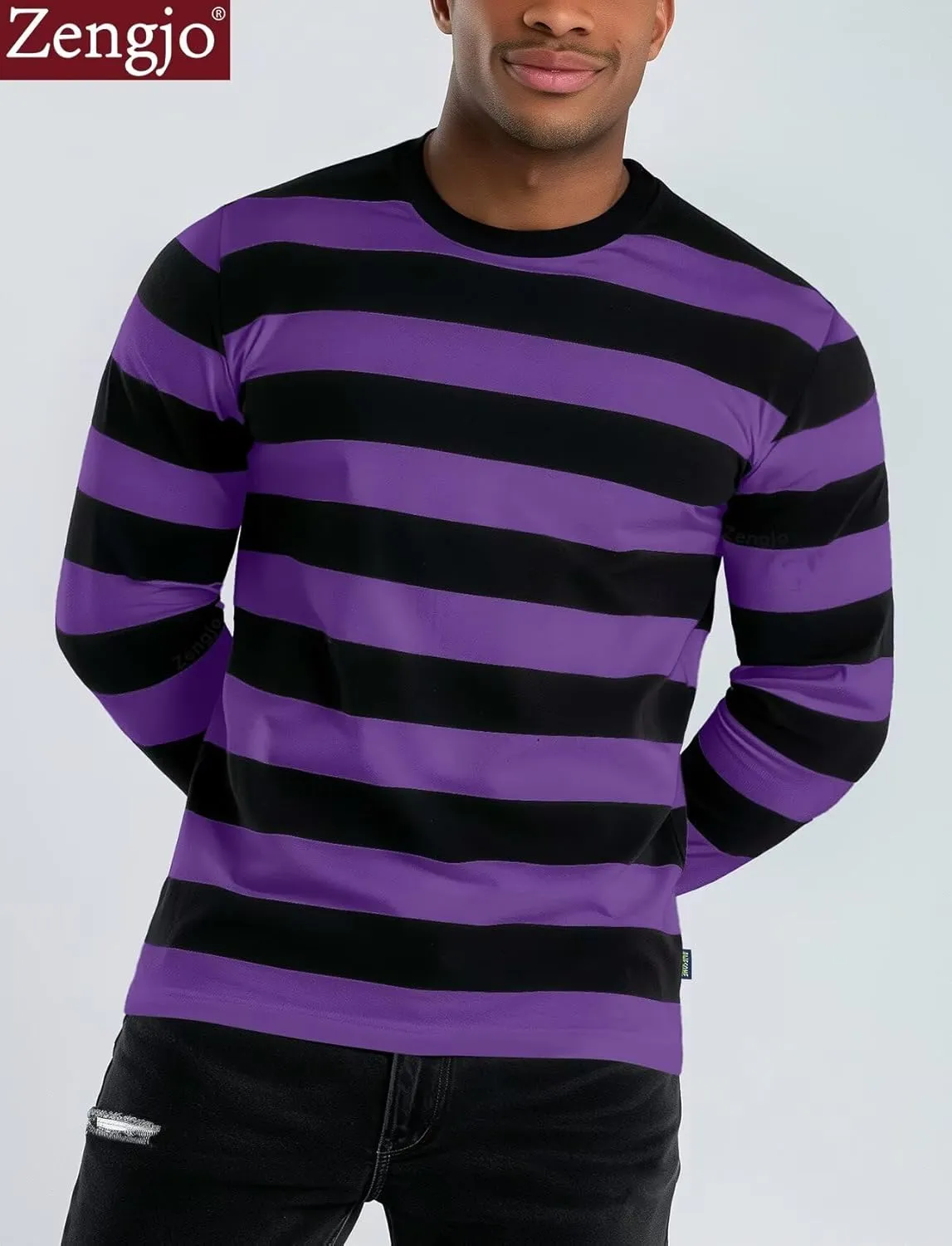 Zengjo Men's Casual Cotton Spandex Striped Crewneck Long-Sleeve T-Shirt Basic Pullover Stripe tee Shirt